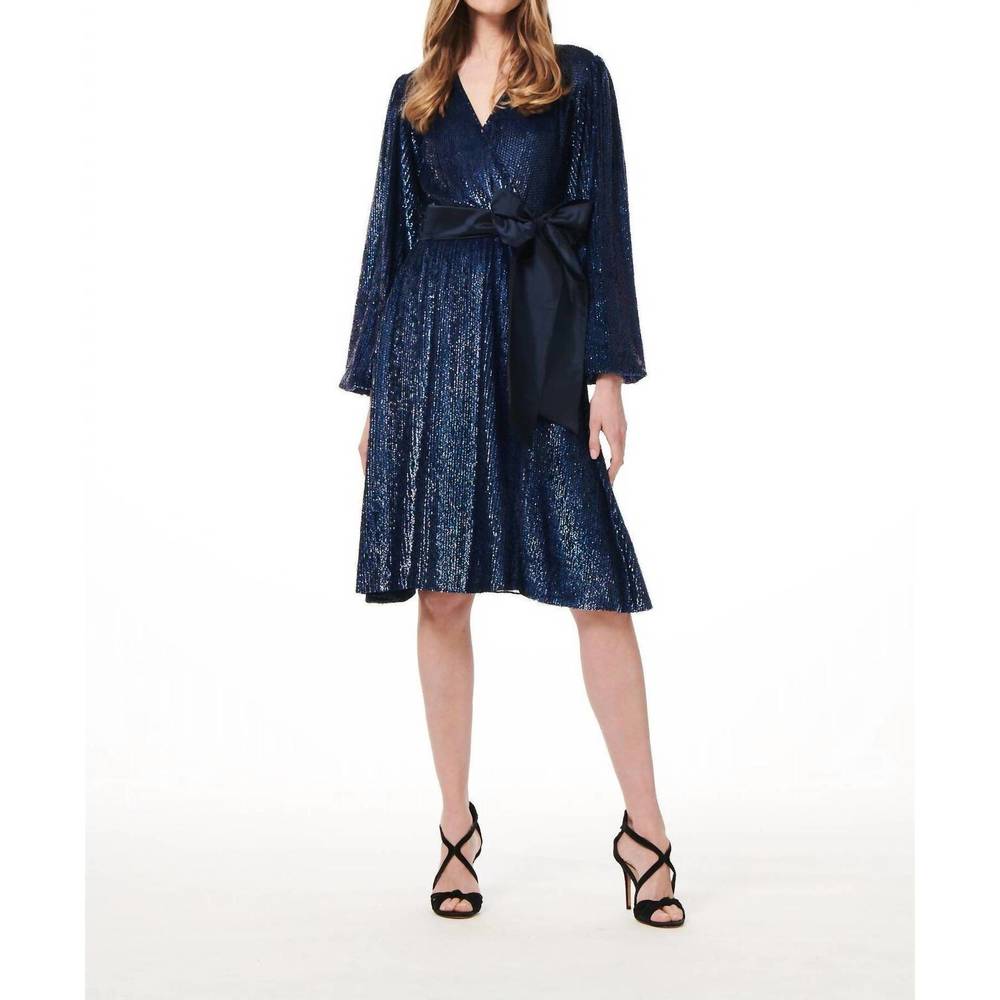 NEW EMILY SHALANT sequin faux wrap midi dress in navy